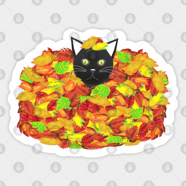 Black and White Tuxedo Cat Playing in a Pile of Fallen Autumn Leaves (White Background) Sticker by Art By LM Designs 